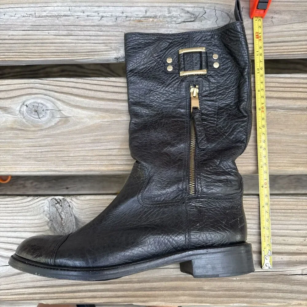 Tory Burch Black Leather Mid Calf Riding Boots Gold Zip Buckle Women’s Size 8.5M
